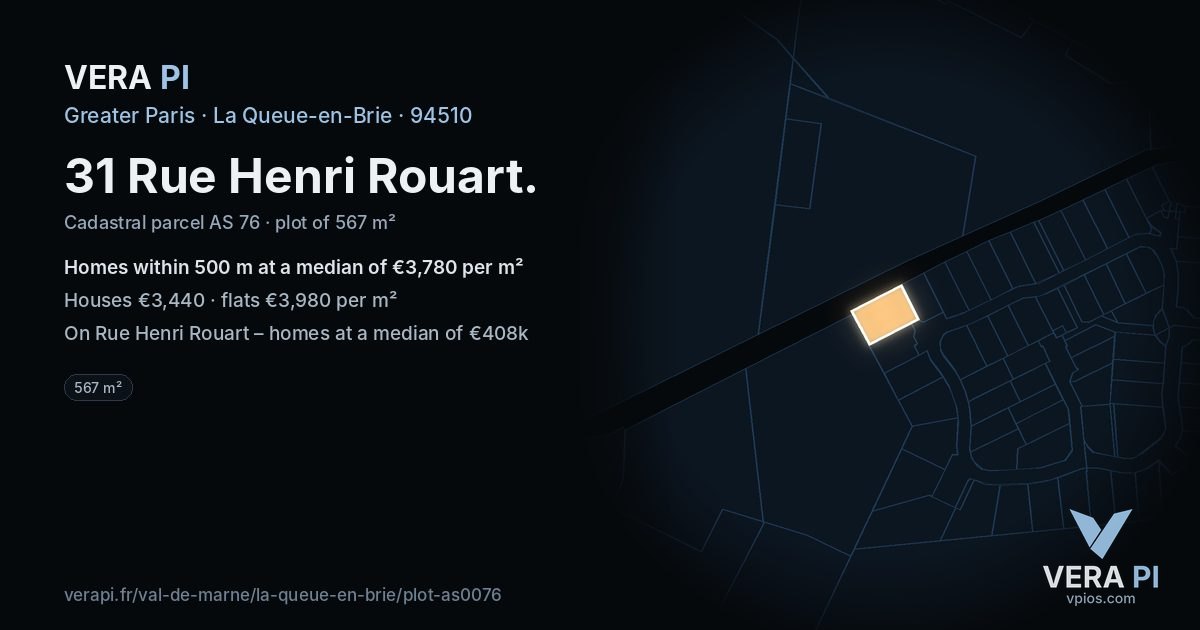 31 Rue Henri Rouart, La Queue-en-Brie at night – the plot lit, the parcels around coloured by the prices near them