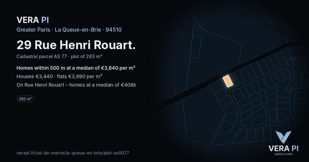 29 Rue Henri Rouart, La Queue-en-Brie at night – the plot lit, the parcels around coloured by the prices near them