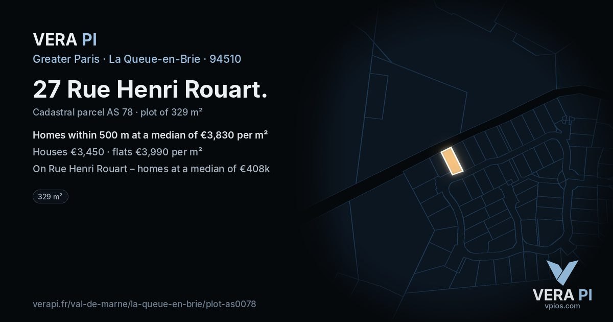 27 Rue Henri Rouart, La Queue-en-Brie at night – the plot lit, the parcels around coloured by the prices near them