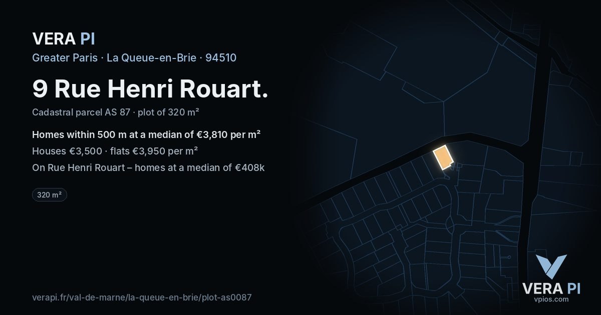9 Rue Henri Rouart, La Queue-en-Brie at night – the plot lit, the parcels around coloured by the prices near them