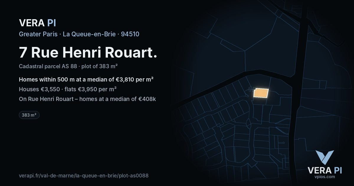 7 Rue Henri Rouart, La Queue-en-Brie at night – the plot lit, the parcels around coloured by the prices near them