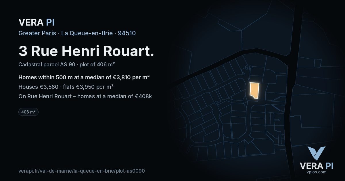 3 Rue Henri Rouart, La Queue-en-Brie at night – the plot lit, the parcels around coloured by the prices near them