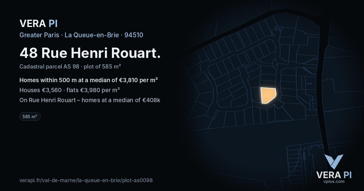48 Rue Henri Rouart, La Queue-en-Brie at night – the plot lit, the parcels around coloured by the prices near them