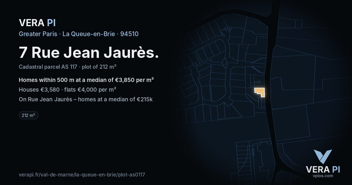 7 Rue Jean Jaurès, La Queue-en-Brie at night – the plot lit, the parcels around coloured by the prices near them
