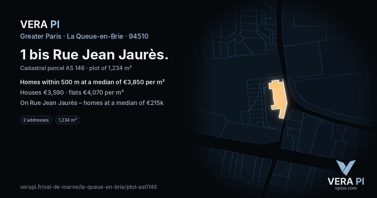 1 bis Rue Jean Jaurès, La Queue-en-Brie at night – the plot lit, the parcels around coloured by the prices near them