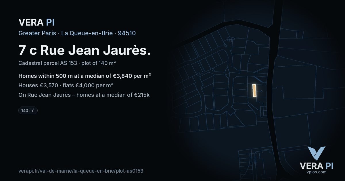 7 c Rue Jean Jaurès, La Queue-en-Brie at night – the plot lit, the parcels around coloured by the prices near them