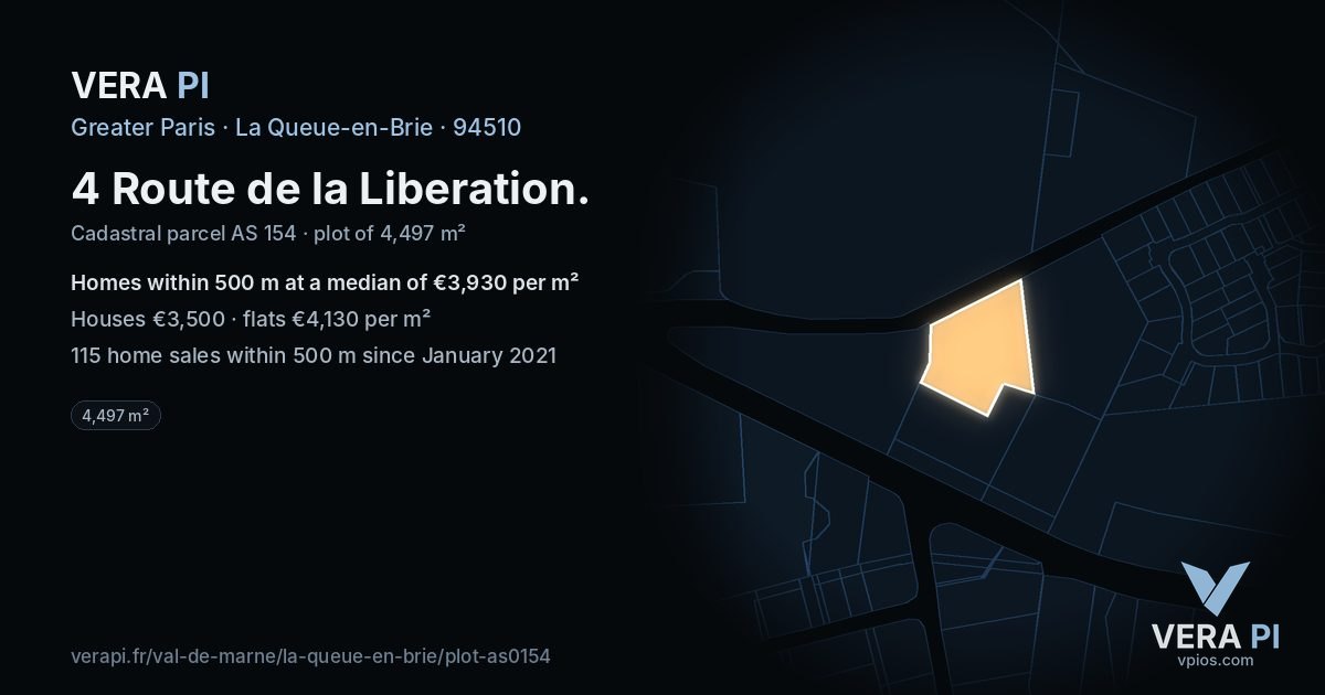 4 Route de la Liberation, La Queue-en-Brie at night – the plot lit, the parcels around coloured by the prices near them