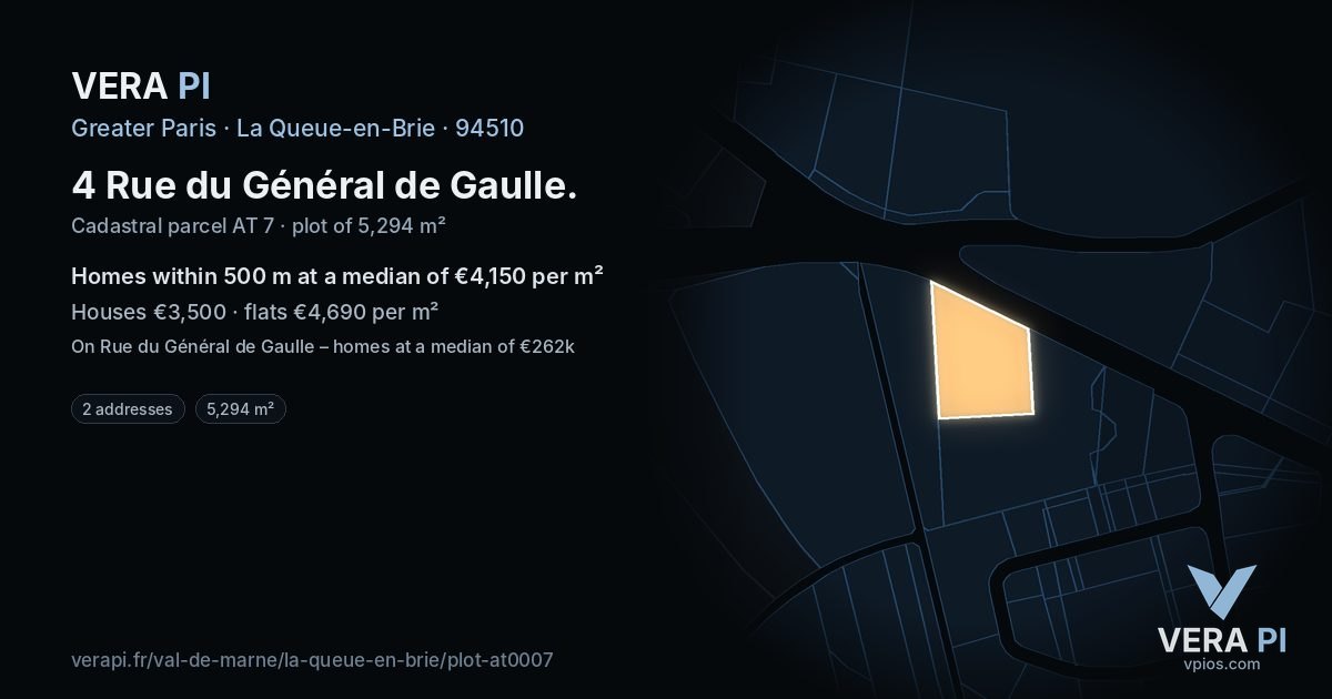 4 Rue du Général de Gaulle, La Queue-en-Brie at night – the plot lit, the parcels around coloured by the prices near them