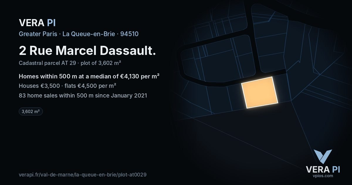2 Rue Marcel Dassault, La Queue-en-Brie at night – the plot lit, the parcels around coloured by the prices near them