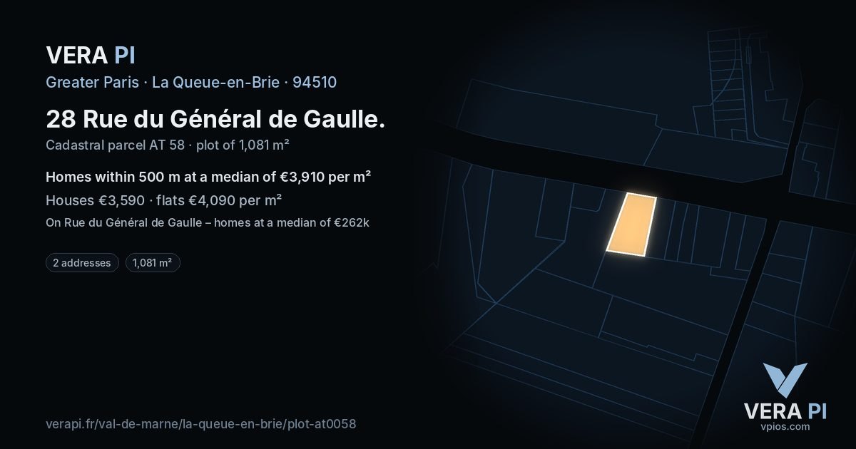 28 Rue du Général de Gaulle, La Queue-en-Brie at night – the plot lit, the parcels around coloured by the prices near them