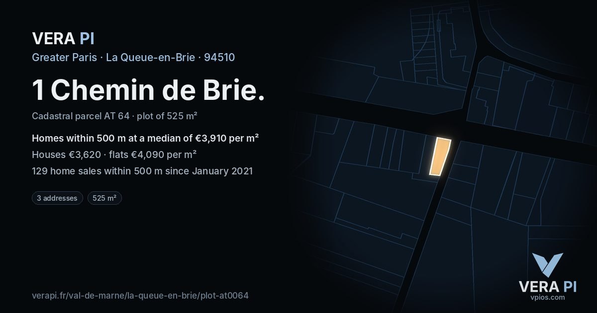1 Chemin de Brie, La Queue-en-Brie at night – the plot lit, the parcels around coloured by the prices near them
