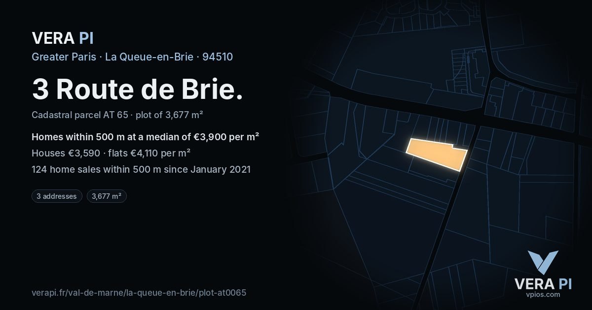 3 Route de Brie, La Queue-en-Brie at night – the plot lit, the parcels around coloured by the prices near them