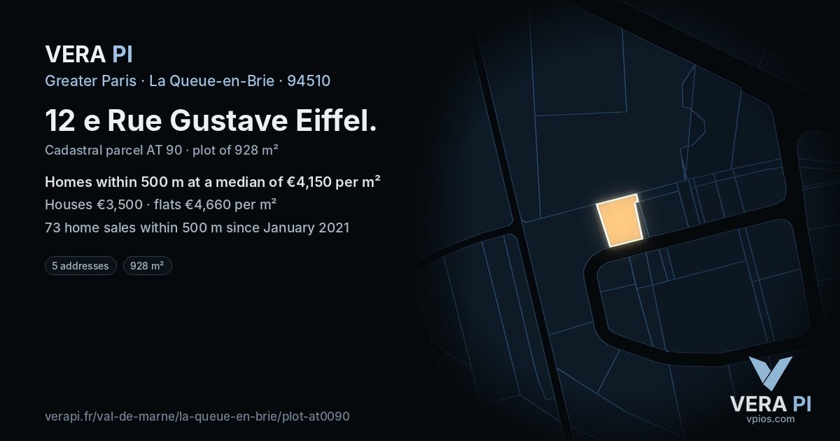12 e Rue Gustave Eiffel, La Queue-en-Brie at night – the plot lit, the parcels around coloured by the prices near them