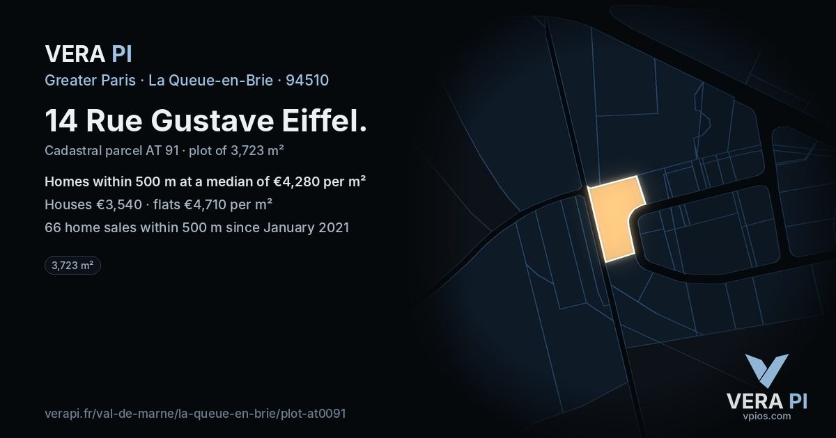 14 Rue Gustave Eiffel, La Queue-en-Brie at night – the plot lit, the parcels around coloured by the prices near them