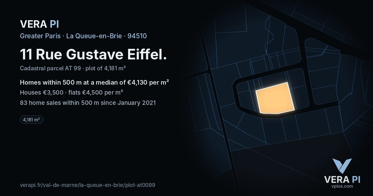 11 Rue Gustave Eiffel, La Queue-en-Brie at night – the plot lit, the parcels around coloured by the prices near them
