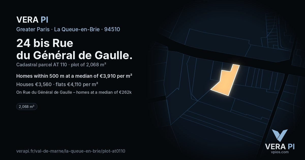 24 bis Rue du Général de Gaulle, La Queue-en-Brie at night – the plot lit, the parcels around coloured by the prices near them