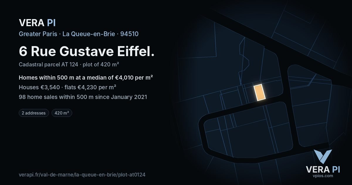 6 Rue Gustave Eiffel, La Queue-en-Brie at night – the plot lit, the parcels around coloured by the prices near them