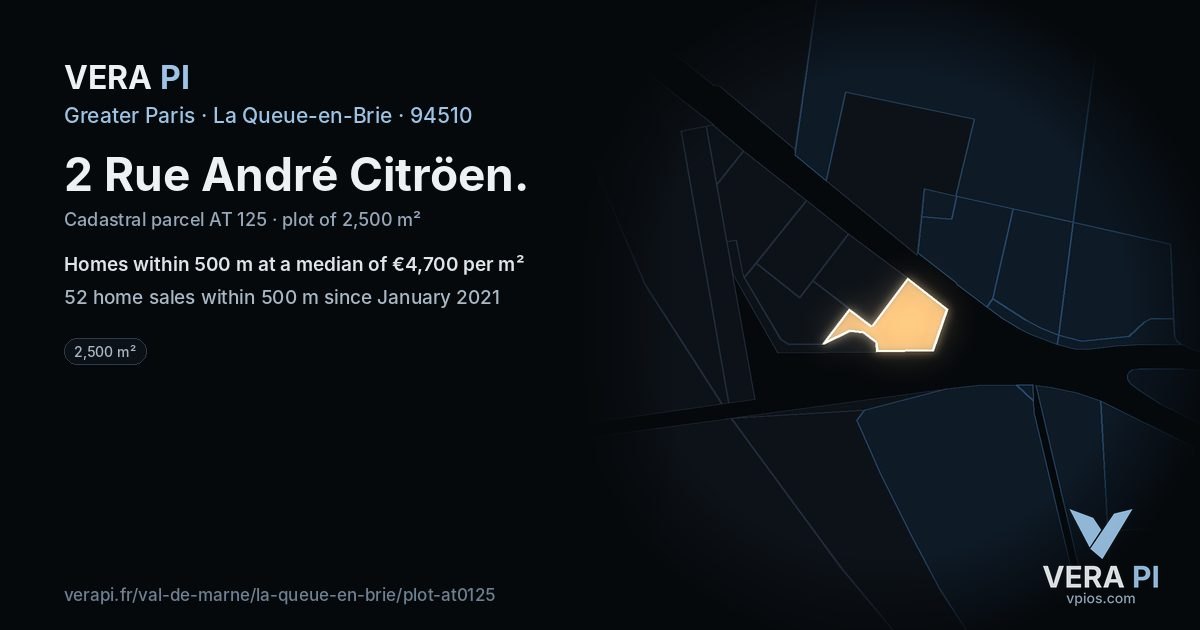 2 Rue André Citröen, La Queue-en-Brie at night – the plot lit, the parcels around coloured by the prices near them