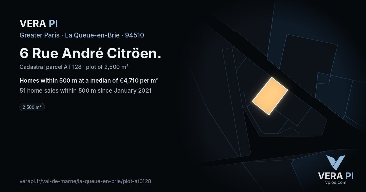6 Rue André Citröen, La Queue-en-Brie at night – the plot lit, the parcels around coloured by the prices near them