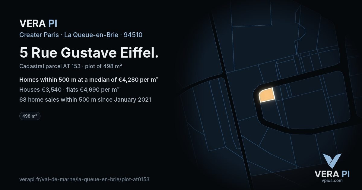 5 Rue Gustave Eiffel, La Queue-en-Brie at night – the plot lit, the parcels around coloured by the prices near them
