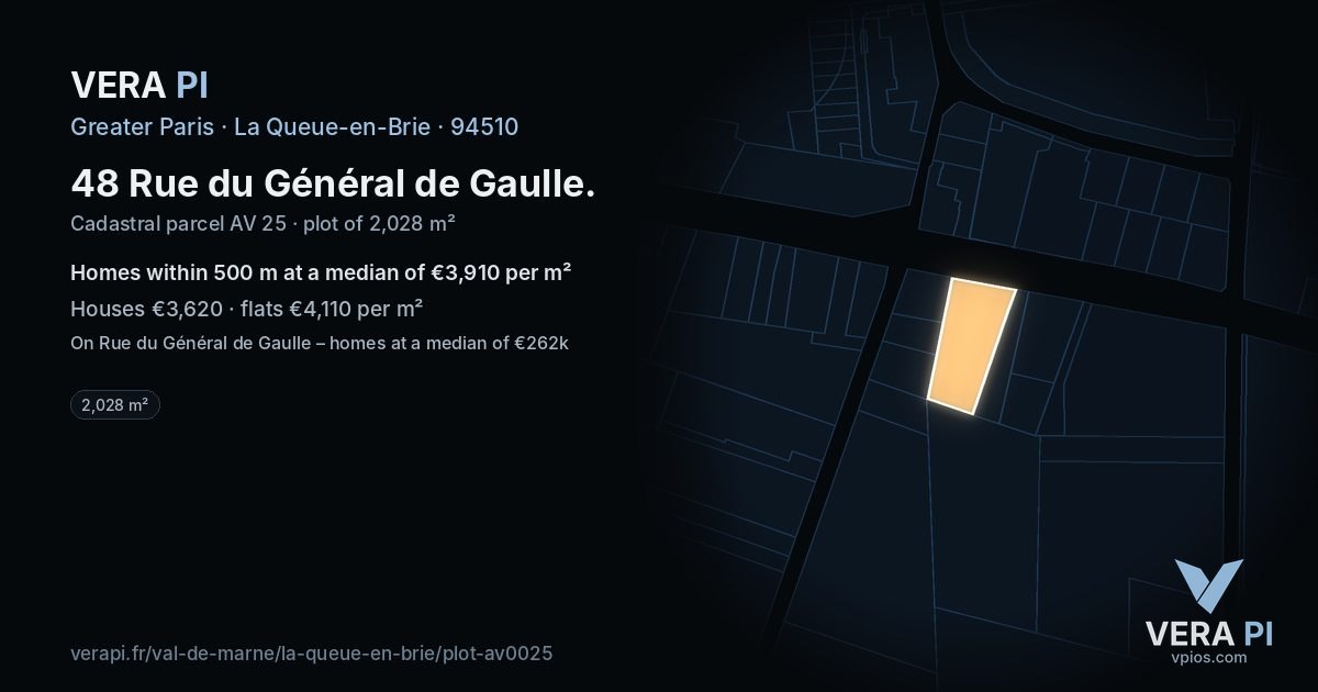 48 Rue du Général de Gaulle, La Queue-en-Brie at night – the plot lit, the parcels around coloured by the prices near them