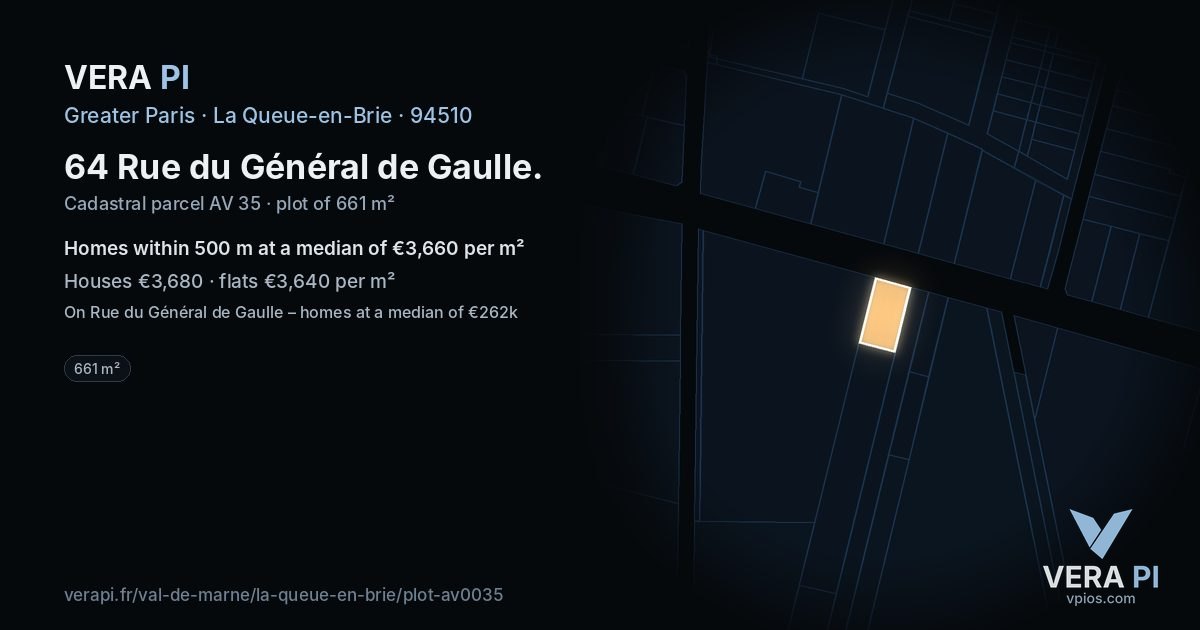 64 Rue du Général de Gaulle, La Queue-en-Brie at night – the plot lit, the parcels around coloured by the prices near them