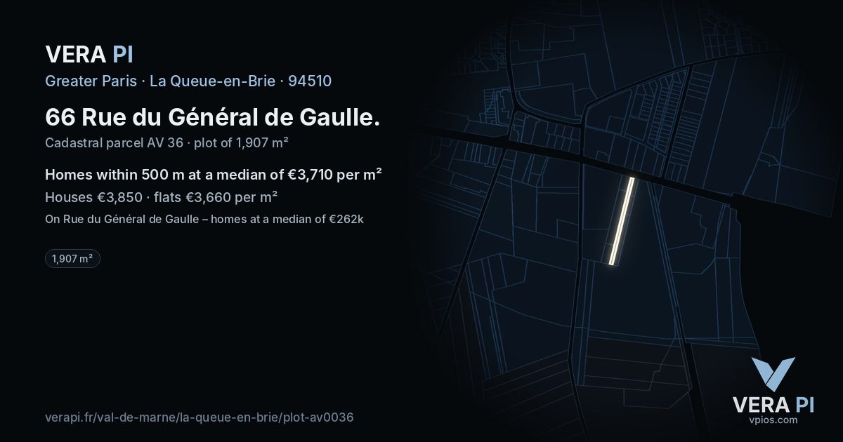 66 Rue du Général de Gaulle, La Queue-en-Brie at night – the plot lit, the parcels around coloured by the prices near them