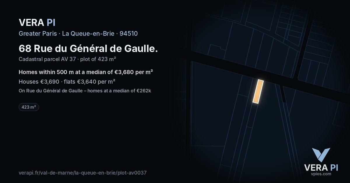 68 Rue du Général de Gaulle, La Queue-en-Brie at night – the plot lit, the parcels around coloured by the prices near them