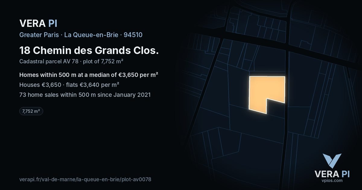 18 Chemin des Grands Clos, La Queue-en-Brie at night – the plot lit, the parcels around coloured by the prices near them