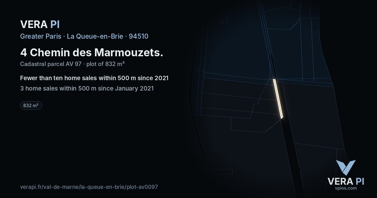 4 Chemin des Marmouzets, La Queue-en-Brie at night – the plot lit, the parcels around coloured by the prices near them