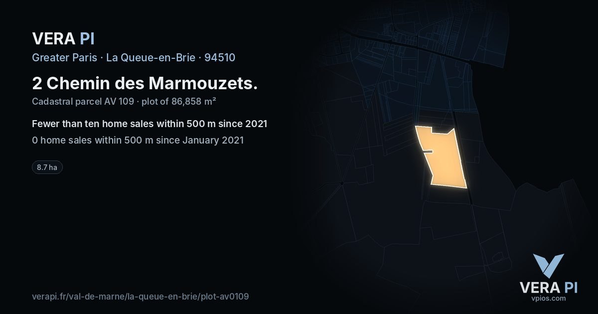 2 Chemin des Marmouzets, La Queue-en-Brie at night – the plot lit, the parcels around coloured by the prices near them