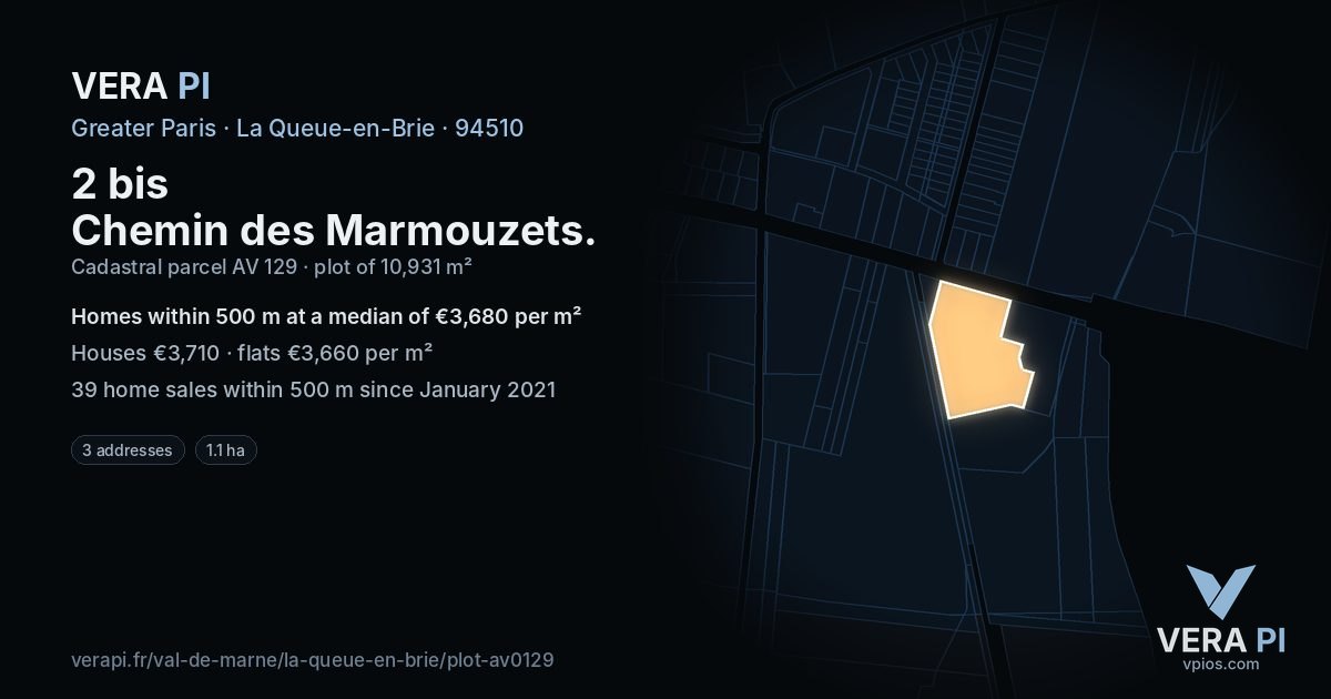 2 bis Chemin des Marmouzets, La Queue-en-Brie at night – the plot lit, the parcels around coloured by the prices near them