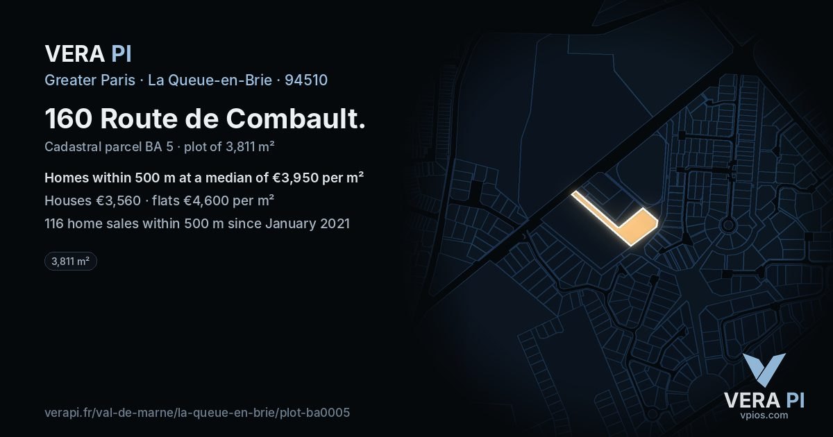 160 Route de Combault, La Queue-en-Brie at night – the plot lit, the parcels around coloured by the prices near them
