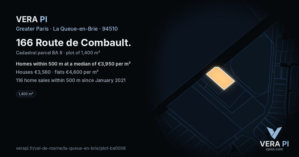 166 Route de Combault, La Queue-en-Brie at night – the plot lit, the parcels around coloured by the prices near them
