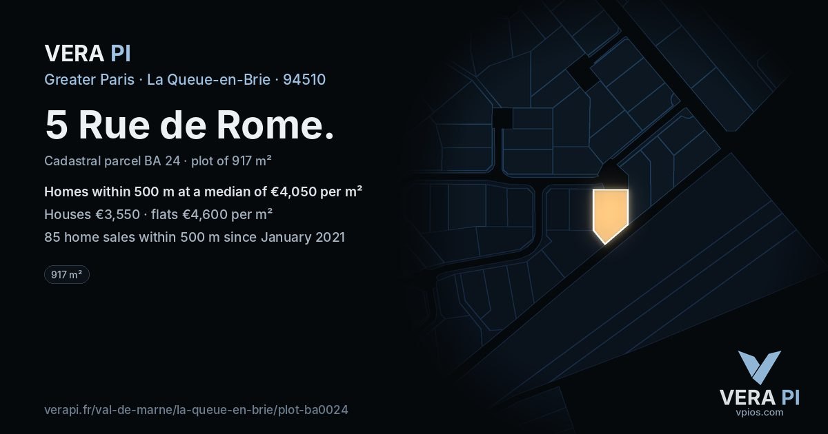 5 Rue de Rome, La Queue-en-Brie at night – the plot lit, the parcels around coloured by the prices near them