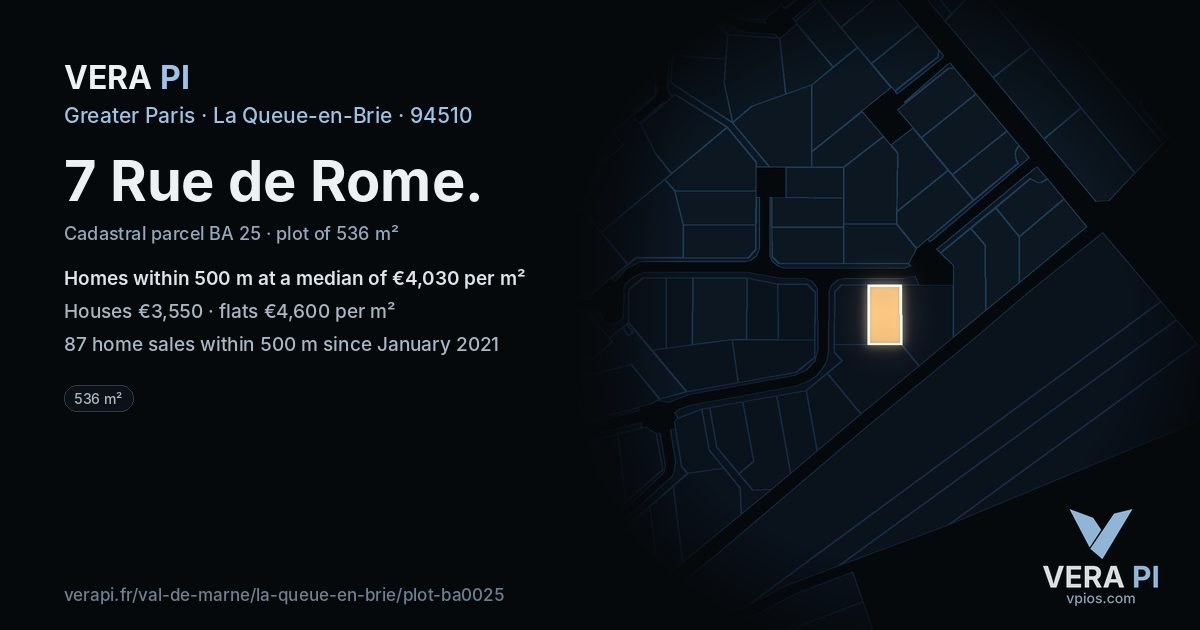 7 Rue de Rome, La Queue-en-Brie at night – the plot lit, the parcels around coloured by the prices near them