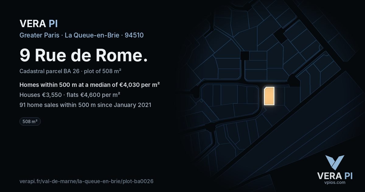 9 Rue de Rome, La Queue-en-Brie at night – the plot lit, the parcels around coloured by the prices near them