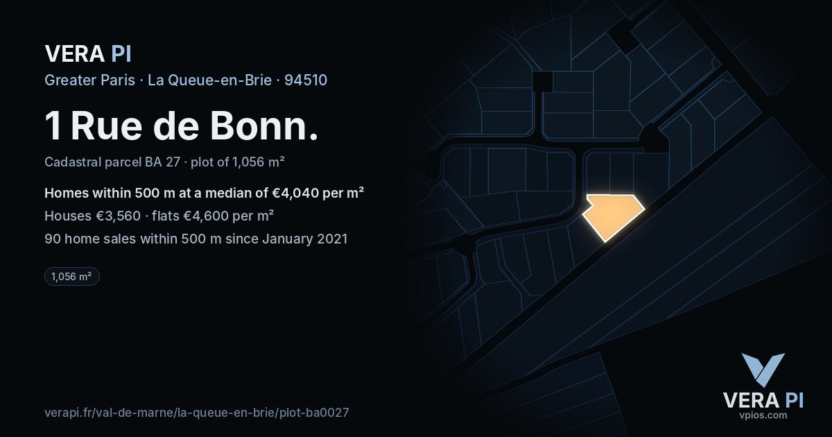 1 Rue de Bonn, La Queue-en-Brie at night – the plot lit, the parcels around coloured by the prices near them
