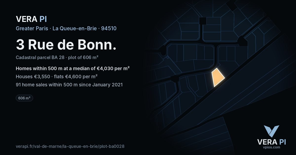 3 Rue de Bonn, La Queue-en-Brie at night – the plot lit, the parcels around coloured by the prices near them