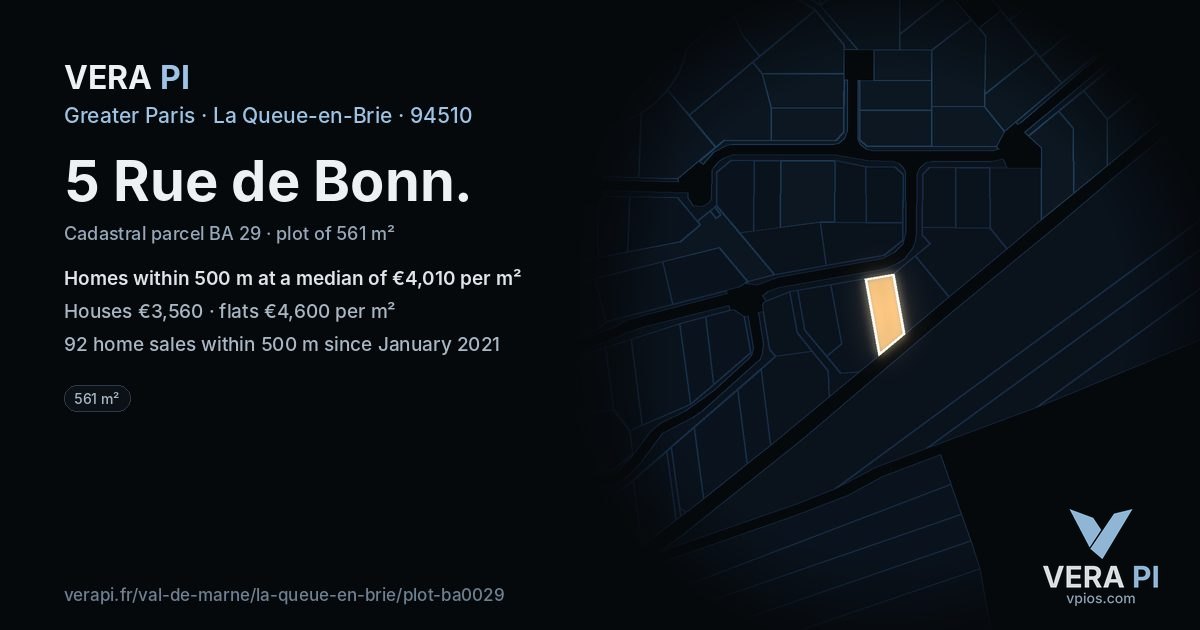 5 Rue de Bonn, La Queue-en-Brie at night – the plot lit, the parcels around coloured by the prices near them