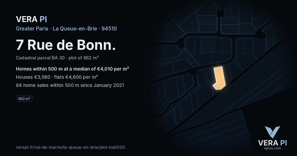 7 Rue de Bonn, La Queue-en-Brie at night – the plot lit, the parcels around coloured by the prices near them