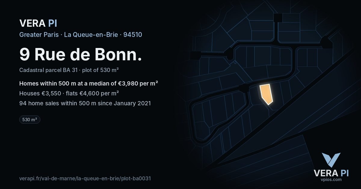9 Rue de Bonn, La Queue-en-Brie at night – the plot lit, the parcels around coloured by the prices near them