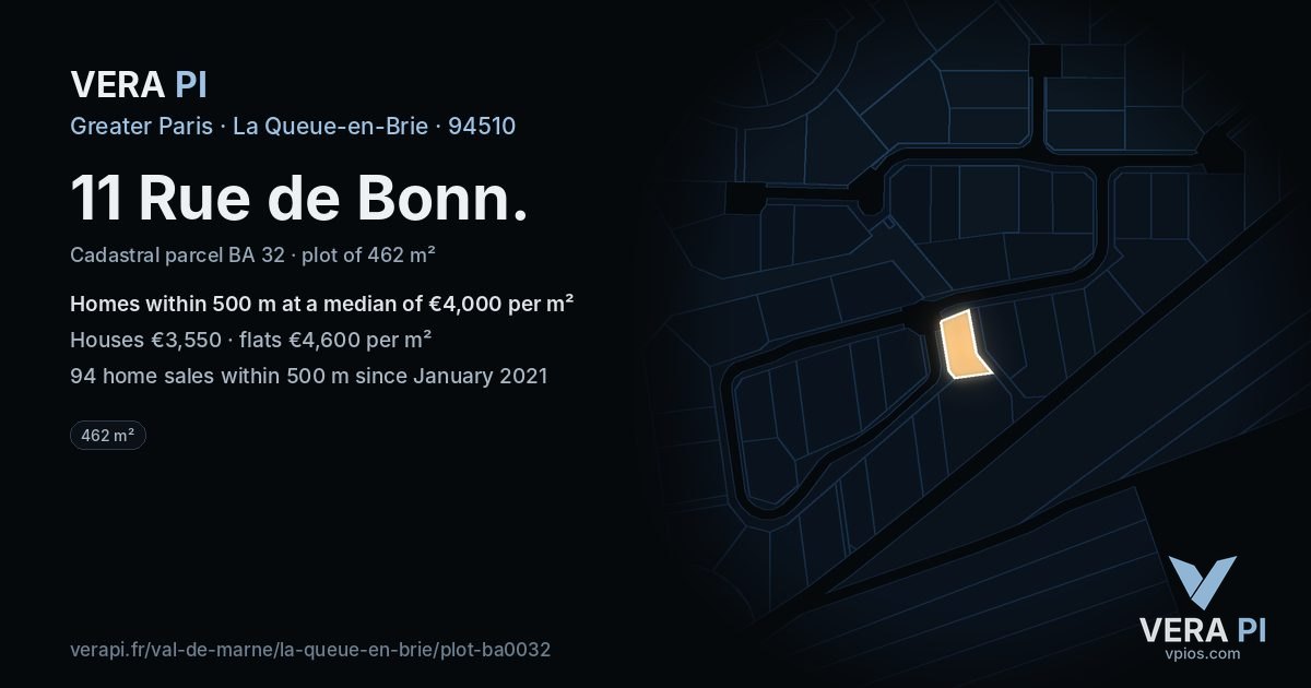 11 Rue de Bonn, La Queue-en-Brie at night – the plot lit, the parcels around coloured by the prices near them