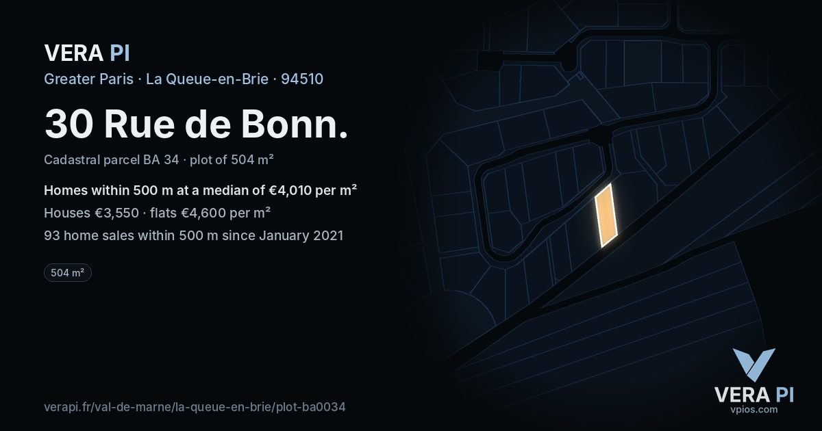 30 Rue de Bonn, La Queue-en-Brie at night – the plot lit, the parcels around coloured by the prices near them