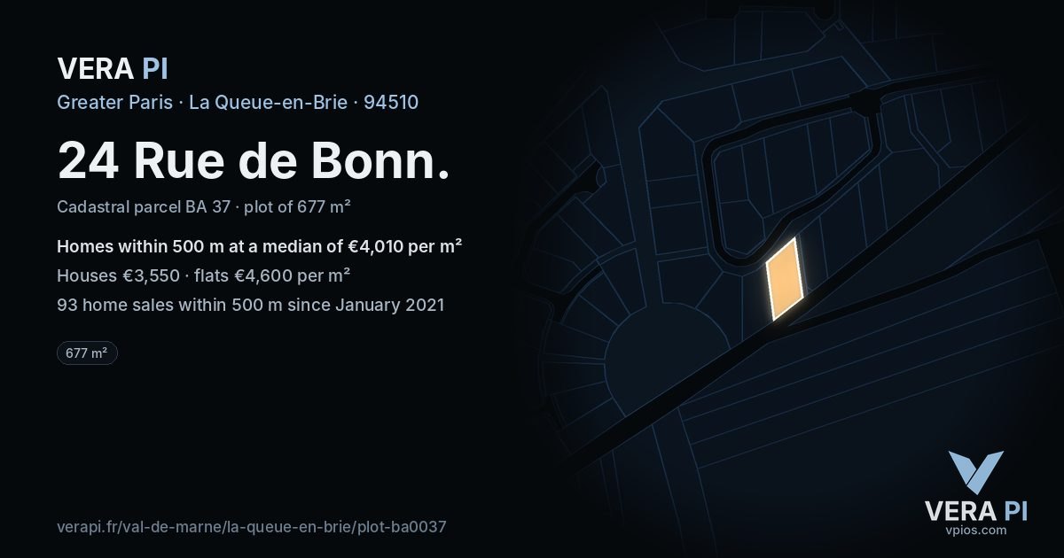 24 Rue de Bonn, La Queue-en-Brie at night – the plot lit, the parcels around coloured by the prices near them