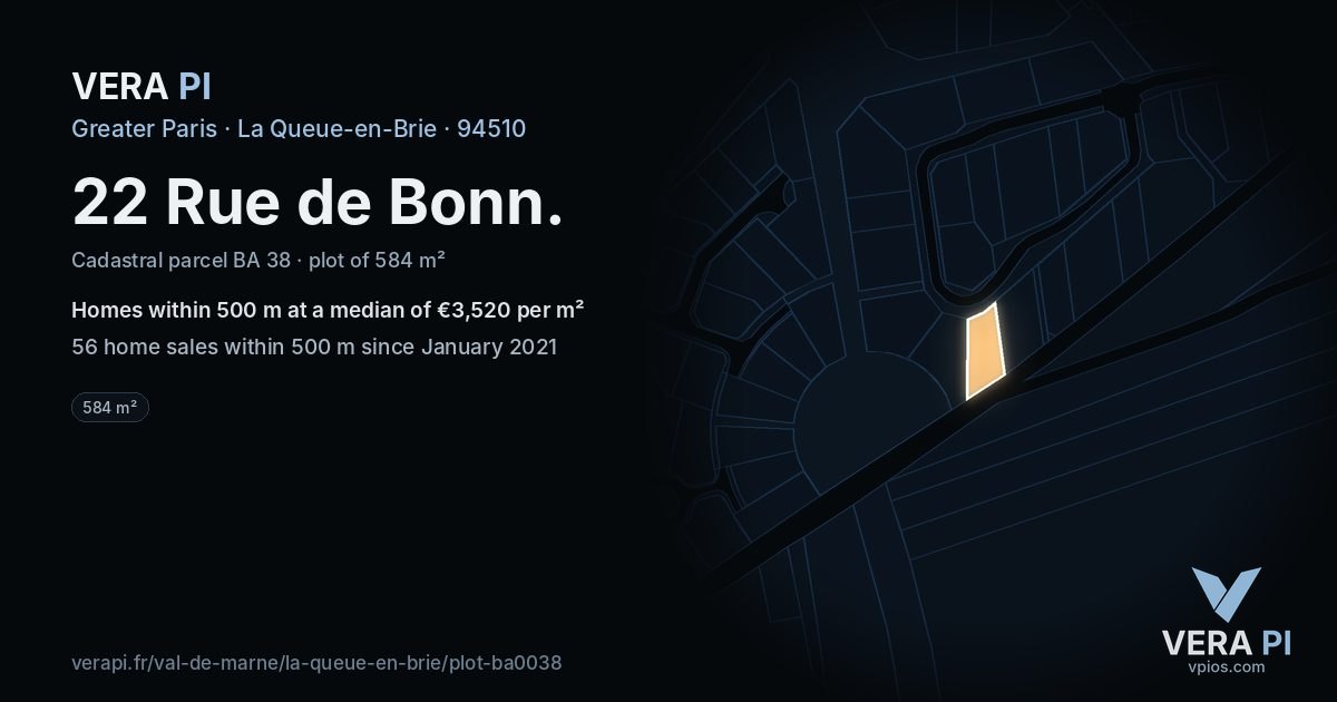 22 Rue de Bonn, La Queue-en-Brie at night – the plot lit, the parcels around coloured by the prices near them