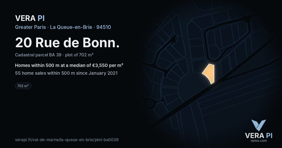 20 Rue de Bonn, La Queue-en-Brie at night – the plot lit, the parcels around coloured by the prices near them