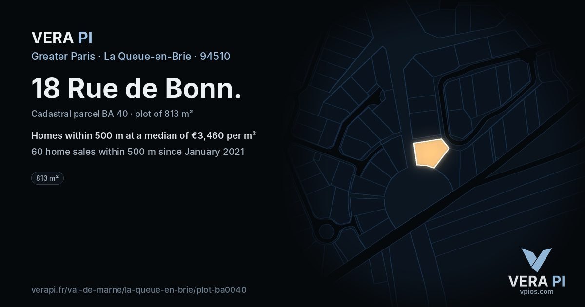 18 Rue de Bonn, La Queue-en-Brie at night – the plot lit, the parcels around coloured by the prices near them