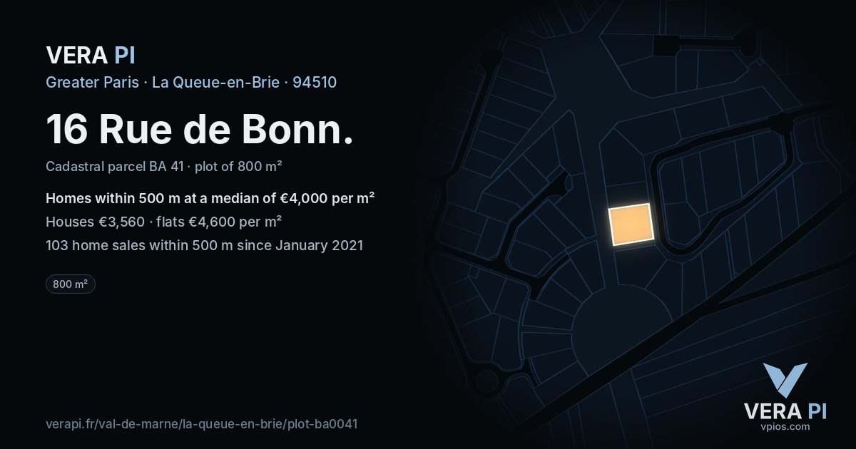 16 Rue de Bonn, La Queue-en-Brie at night – the plot lit, the parcels around coloured by the prices near them