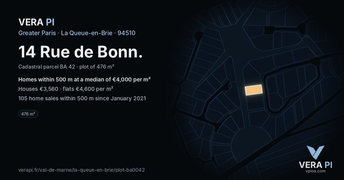 14 Rue de Bonn, La Queue-en-Brie at night – the plot lit, the parcels around coloured by the prices near them